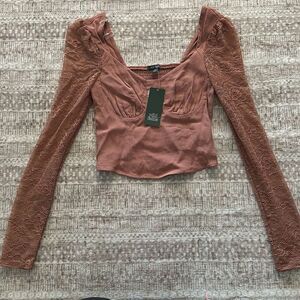 Wild Fable Size XXS brown Blouse lace arms NWT CROPPED